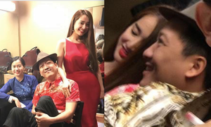 Nhã Phương diện đầm đỏ sexy, làm MC cho đêm diễn của Trường Giang tại Mỹ