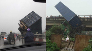 Clip: Tai nạn liên hoàn, container treo lơ lửng trên thành cầu Thanh Trì