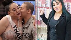 Chồng trẻ lột áo khoe cơ bắp, lau mồ hôi cho nữ đại gia Thái Lan