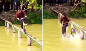 Cười đau ruột xem 'dân chơi miệt vườn' đạp xe qua cầu khỉ siêu hẹp