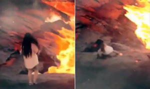 Sự thật clip cô gái trượt chân xuống biển nham thạch khiến người xem phát hoảng