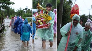 Ảnh: Nhà trai cắp dép, xắn quần, lội mưa bì bõm đến đón dâu giữa tâm bão số 10