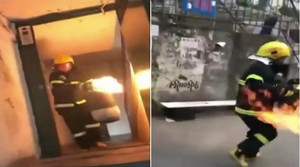 Lính cứu hỏa liều mình ôm bình gas cháy ngùn ngụt chạy ra ngoài dập lửa