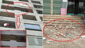 Bức tường của khu chung cư rơi từ tầng 7 xuống đất
