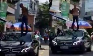 Nam thanh niên nghi 'ngáo đá' nhảy lên mui xe ô tô nhảy múa, la hét