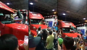 Video: Tài xế container leo lên đầu xe lau kính tại BOT Cai Lậy