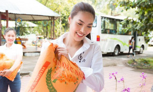 Lan Khuê giản dị, tự tay vác từng bao gạo khi đi từ thiện