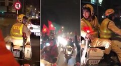 Clip: CSGT dẫn trước đoàn xe ăn mừng chiến thắng, nhắc 'đi chậm, cổ vũ an toàn'