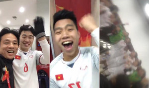 Clip: U23 VN hò reo, khoác vai nhau hát mừng chiến thắng trong phòng thay đồ