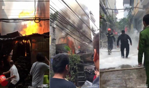 Clip: Xưởng gỗ ở Hà Nội bốc cháy ngùn ngụt chiều 30 Tết