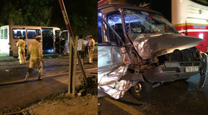Va chạm xe tải, xe khách nát bét đầu, nhiều người bị thương