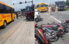 Clip: Hiện trường xe khách tông xe máy dừng đèn đỏ ngã đổ la liệt ở Bình Dương