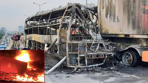 Tông vào container, xe giường nằm bốc cháy ngùn ngụt ở đường vành đai 3 trên cao