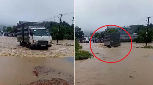 Clip: Tài xế xe tải liều mạng vượt lũ ở Yên Bái và cái kết đắng