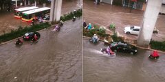 Clip: Đường Hà Nội chìm trong biển nước nhìn từ trên cao