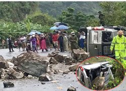 Đang đi trên đường, ô tô 16 chỗ bị đá trên núi rơi trúng, nhiều người bị thương