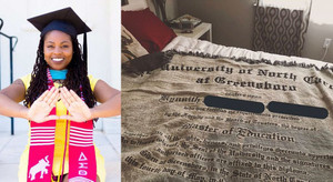 Cô gái Mỹ hạnh phúc được mẹ tặng tấm chăn in hình bằng tốt nghiệp