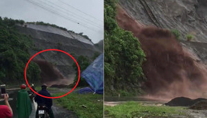 Clip: Sạt lở khủng khiếp, đất đá tuôn xối xả như thác ở Hòa Bình