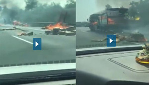 Container vừa chạy vừa bốc cháy ngùn ngụt trên cao tốc Cầu Giẽ - Ninh Bình