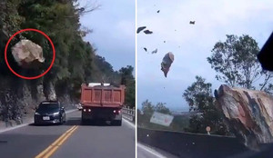 Clip: Đá tảng lăn lông lốc xuống cao tốc, suýt văng trúng loạt ô tô