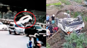 Clip: Nữ tài xế lùi bất cẩn, ô tô lao vọt xuống bờ kè nằm phơi bụng