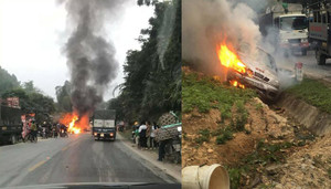 Phá cửa kính cứu tài xế mắc kẹt trong xe ô tô bốc cháy ở Tuyên Quang