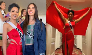 Bận thi Hoa hậu Hoàn vũ, H’Hen Niê không quên giương cao quốc kỳ chúc đội tuyển Việt Nam chiến thắng