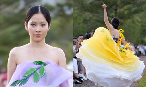 Nam Em mặc váy hoa, nhảy múa theo nhạc khi diễn thời trang