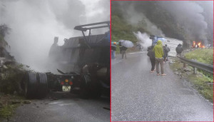 Xe container đâm vào vách núi bốc cháy ngùn ngụt, Quốc lộ 4D Lai Châu ùn tắc