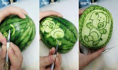 Clip: Khắc tỉa hình lợn trên dưa hấu đẹp mê ly