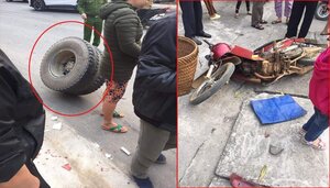 Đang đi xe máy, người đàn ông bị bánh xe tải văng trúng người