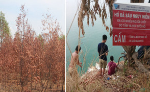 Nắng đến cháy da, thiêu chết cây cỏ: Dân TP.HCM phá rào hồ ‘tử thần’ vào bơi lội, mắc võng ngủ