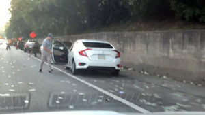 Video: Hàng trăm nghìn USD bay ra từ xe tải, tài xế Mỹ dừng xe trên cao tốc lao ra hôi của