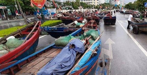 700 chiếc thuyền ở Sầm Sơn lên đường nhựa nằm tránh bão