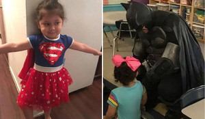 Bé gái bị bắt nạt đi học cùng 'Người Dơi'