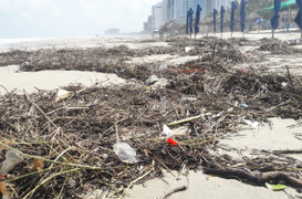 Hàng chục tấn rác phủ kín bờ biển Đà Nẵng sau nhiều ngày mưa lớn
