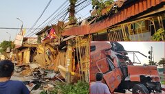 Tài xế ngủ gật, xe container tông sập hàng loạt nhà dân ở Nam Định