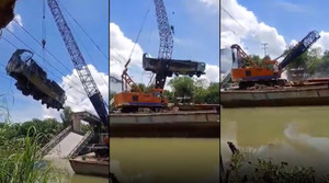 Cần cẩu gãy đôi, rơi thẳng xuống sông khi trục vớt xe tải bị sập cầu ở Đồng Tháp