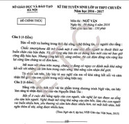 Đề thi môn Ngữ văn lớp 10 chuyên tại Hà Nội năm 2016