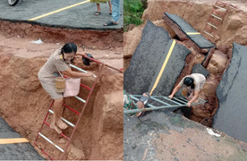 Cô giáo liều mình băng qua con đường bị sạt lở đến trường