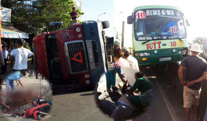 Container lật ngửa giữa đường, đè chết người đi xe máy ở Đồng Nai