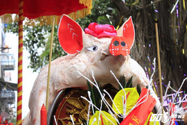 Ảnh: 'Ông lợn' mặc 'áo choàng' mỡ màng được rước khắp làng La Phù