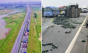 Xe tải tông đuôi xe khách trên cao tốc Nội Bài - Lào Cai: Ùn tắc gần 20km