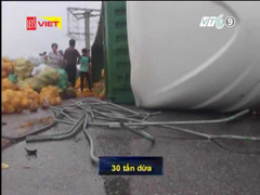 Clip: Xe container lật, dân Hà Tĩnh đội mưa gom 30 tấn dừa giúp tài xế