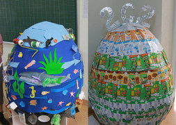 Trường học ở Hà Nội trang trí trứng phục sinh khổng lồ bằng vật liệu tái chế