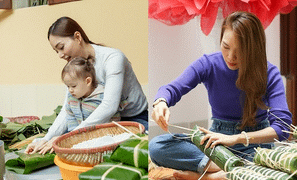 Mỹ Tâm gói bánh tét, Lan Phương và loạt sao Việt quây quần bên gia đình