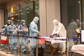 Ảnh: 30 công dân Việt Nam trở về từ Vũ Hán mặc quần áo bảo hộ, đeo khẩu trang kín mít khi về nước