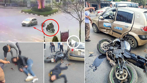 Xe mô tô phân khối lớn phóng nhanh tông trúng taxi, 2 thanh niên bắn lên không trung