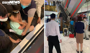 Xôn xao hình ảnh bé trai bị kẹt chân vào thang cuốn trung tâm thương mại Hà Nội