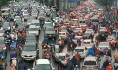 Hà Nội mưa trắng trời, giao thông hỗn loạn, nhiều tuyến phố kẹt cứng